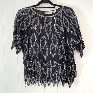 Vtg Scarlet Rage Womens Large Shirt Full Sequins Black Silk Fairy Whimsy Goth